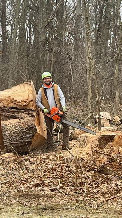 arborist holding a saw in front of cut up tree battle creek mi